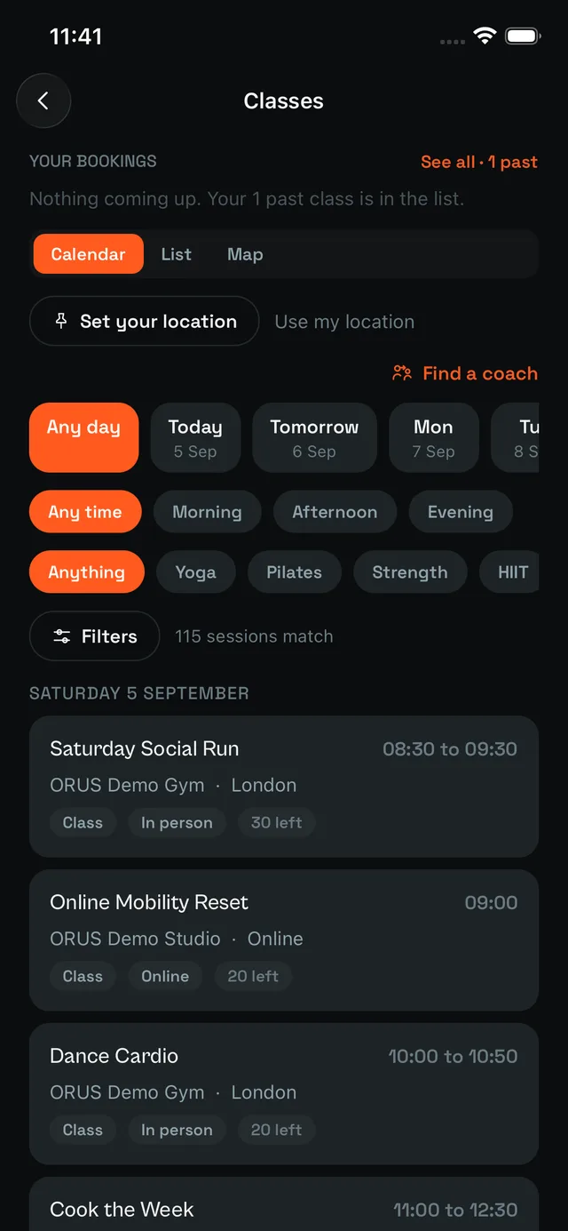 The Classes screen: a calendar of sessions near you with instant booking