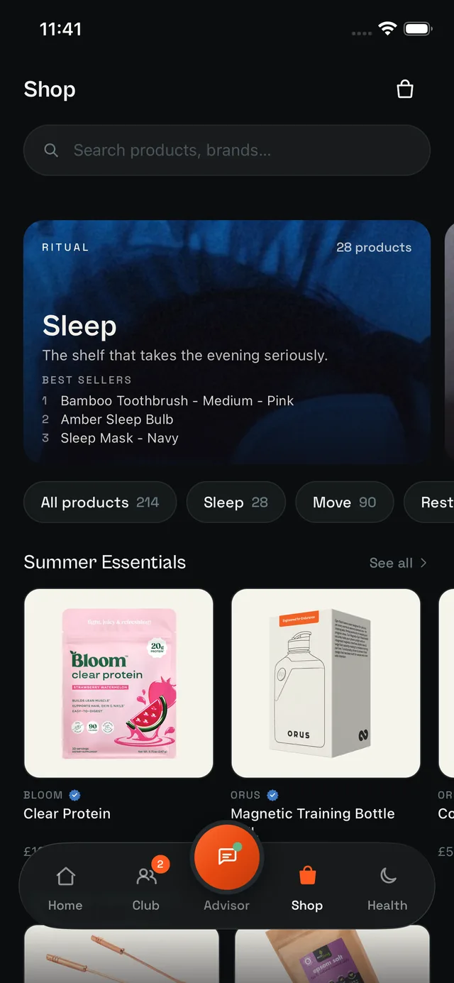 The Shop tab: the Sleep, Move and Restore shelves and best sellers