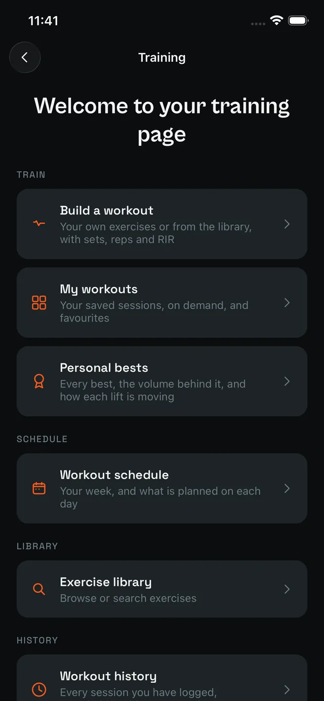 The Training page: build a workout, personal bests, schedule, library