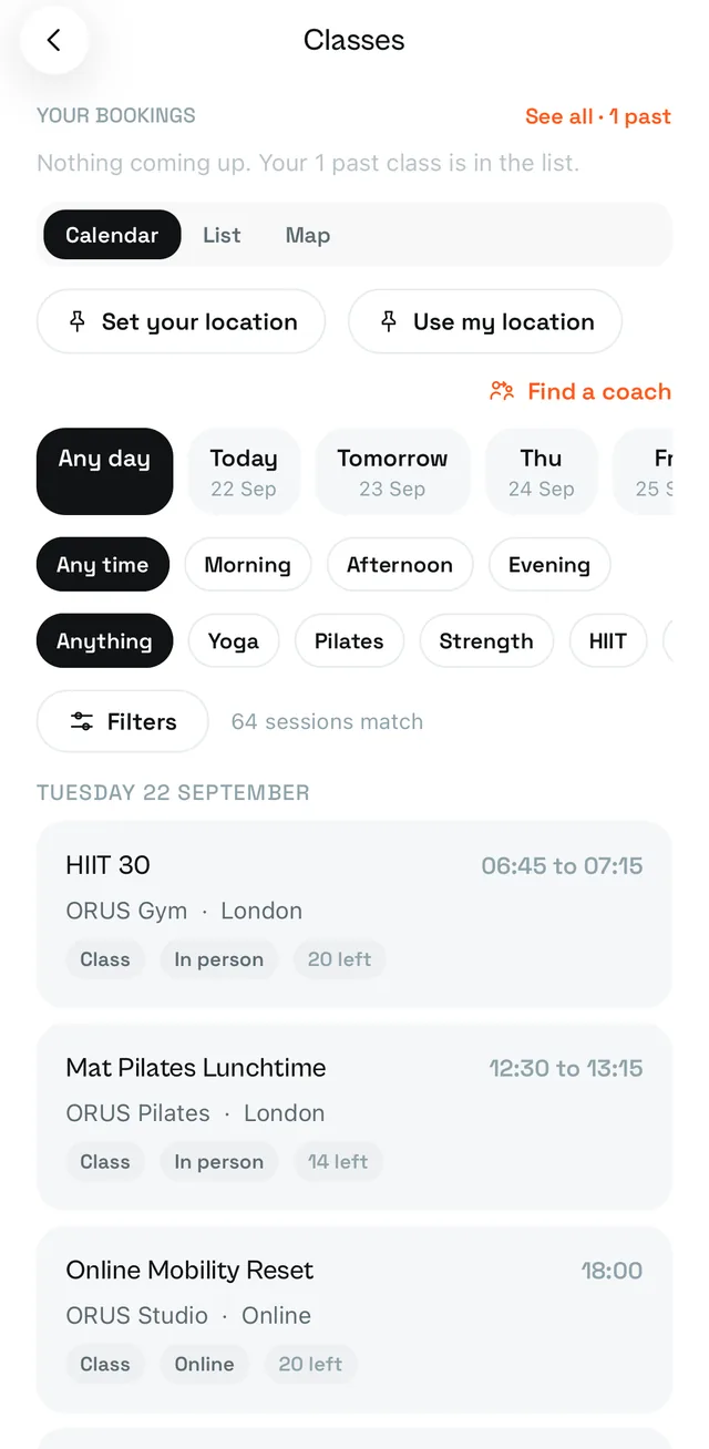 The Classes screen: a day strip, filters and today's sessions