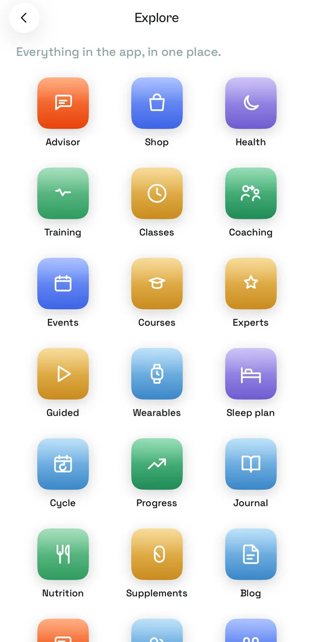The Explore screen: every door in the app as a grid of icons