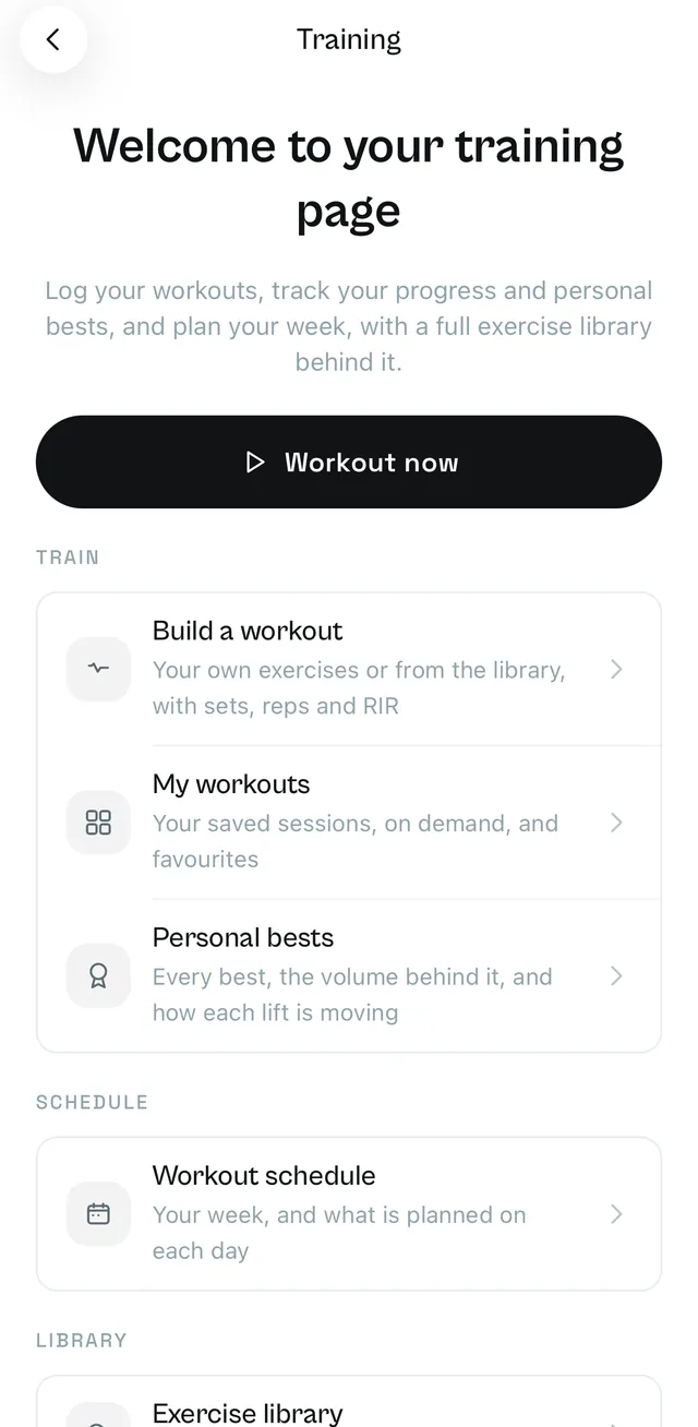 The Training page: Workout now, build a workout, personal bests, the schedule
