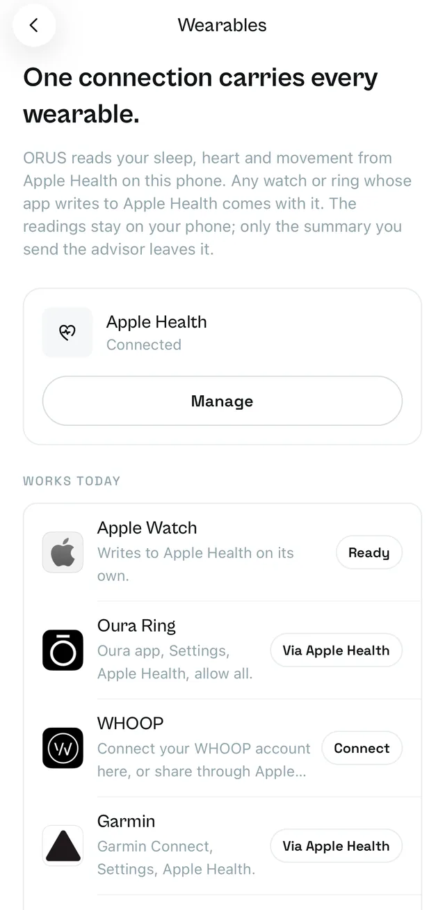 The Wearables screen: Apple Health connected, Apple Watch ready, Oura, WHOOP and Garmin listed
