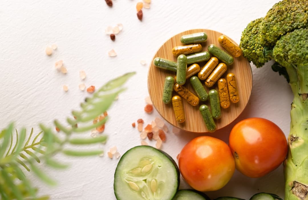 Green and amber supplement capsules on a wooden dish beside tomatoes, cucumber and broccoli